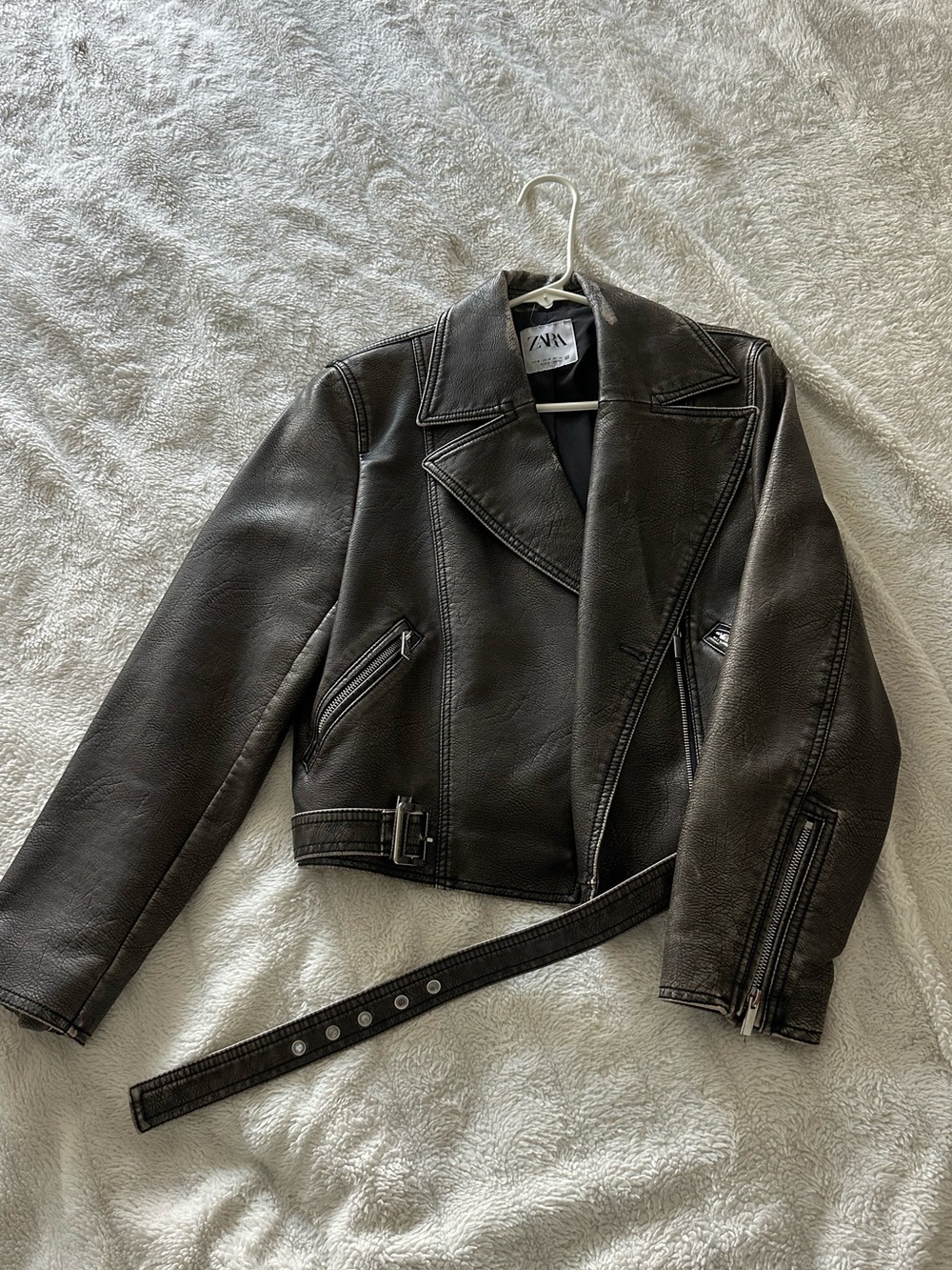 Zara Dark Distressed Brown Faux Leather Moto Jacket with Belt